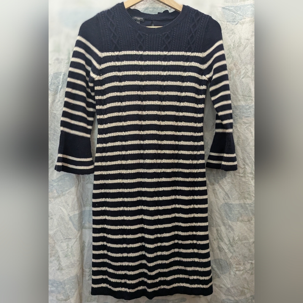 Navy blue and ivory Talbot's cabled sweater dress